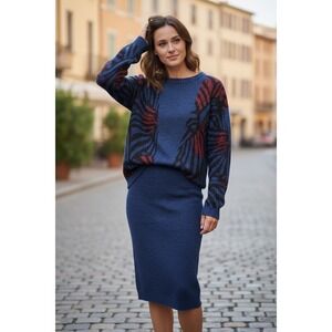 Donagain Vintage Knit Sweater Skirt Set Blue Red Abstract Pattern Women's Medium